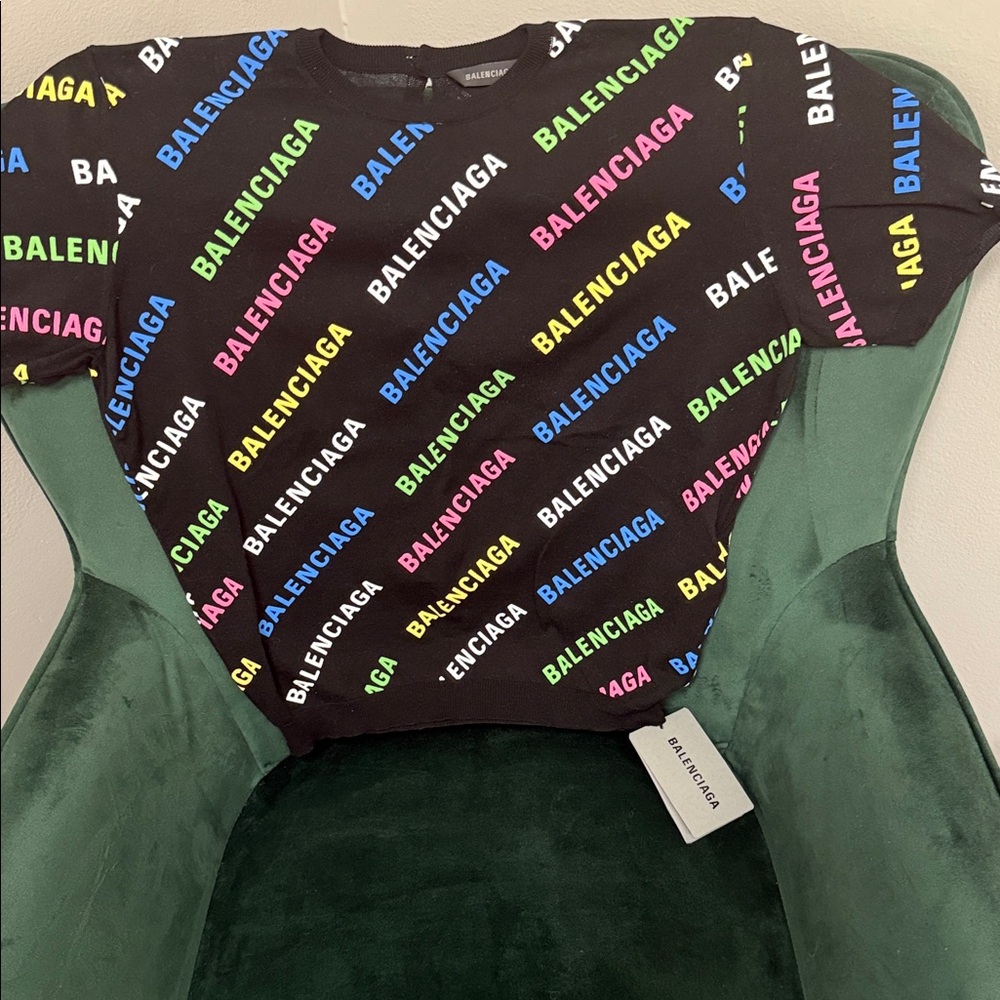 Balenciaga Women's Black Tee with Multicolor Logo